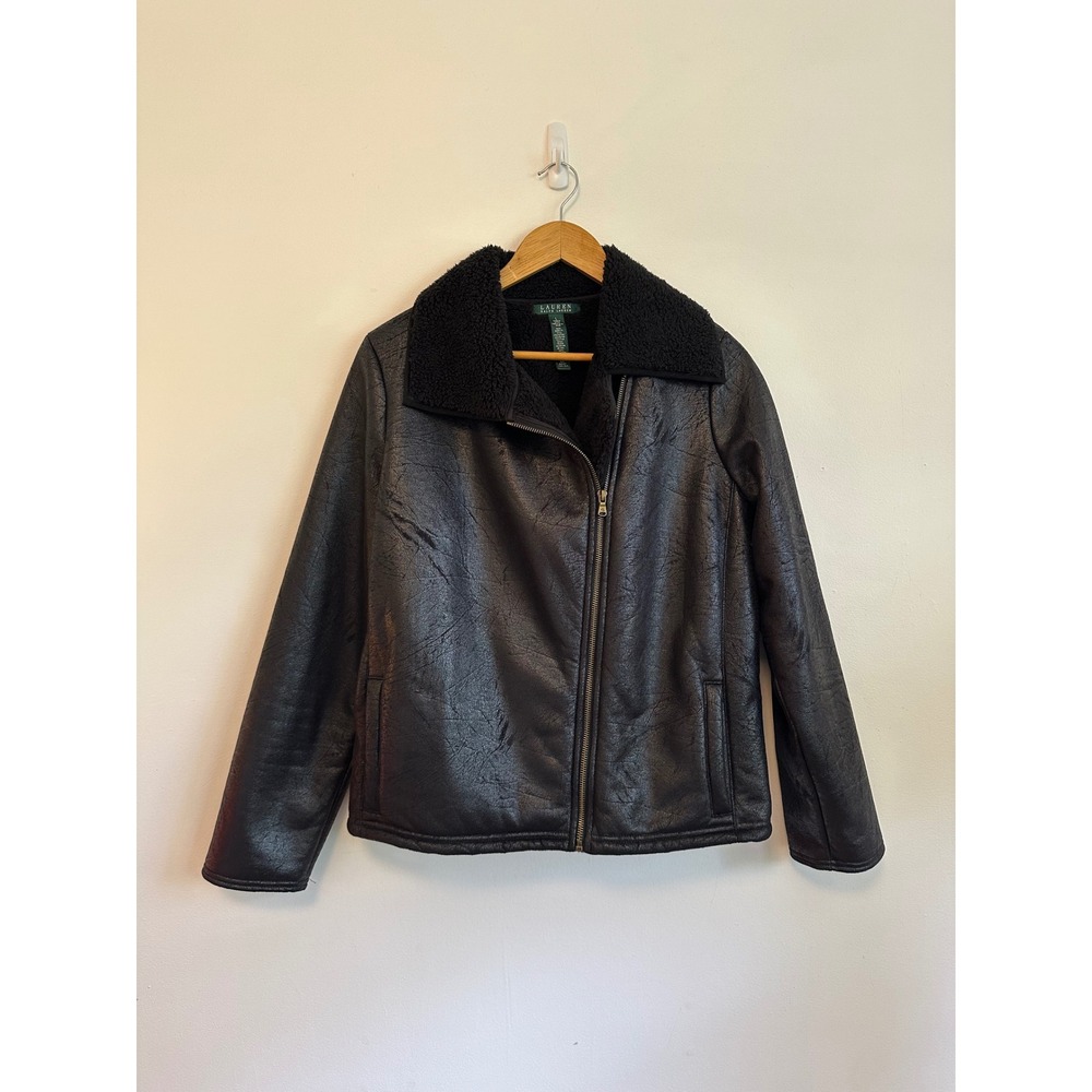 Lauren Ralph Lauren Black Faux Shearling and Vegan Leather Moto Jacket | Large